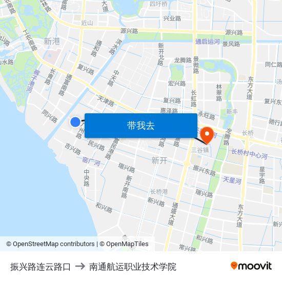 振兴路连云路口 to 南通航运职业技术学院 map