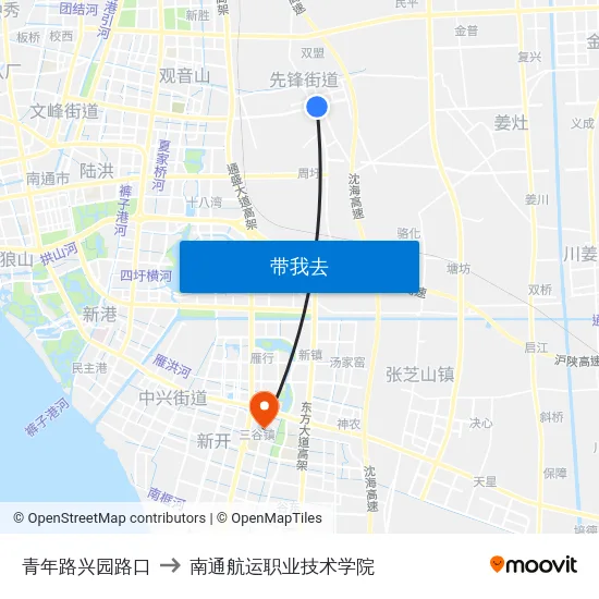 青年路兴园路口 to 南通航运职业技术学院 map