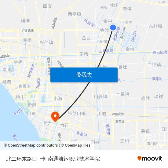 北二环东路口 to 南通航运职业技术学院 map