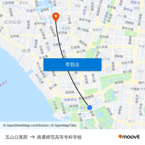 五山公寓西 to 南通师范高等专科学校 map