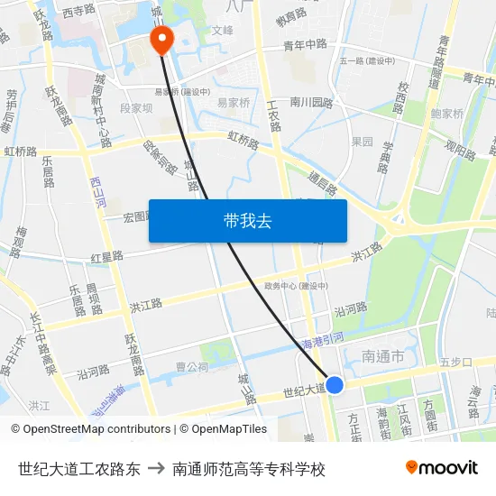 世纪大道工农路东 to 南通师范高等专科学校 map