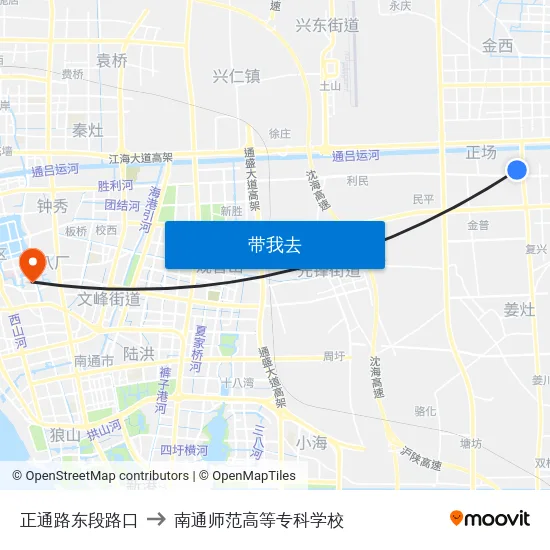 正通路东段路口 to 南通师范高等专科学校 map