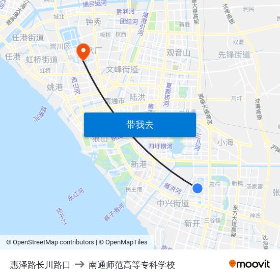 惠泽路长川路口 to 南通师范高等专科学校 map