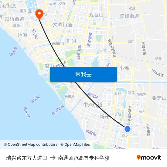 瑞兴路东方大道口 to 南通师范高等专科学校 map