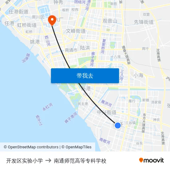 开发区实验小学 to 南通师范高等专科学校 map