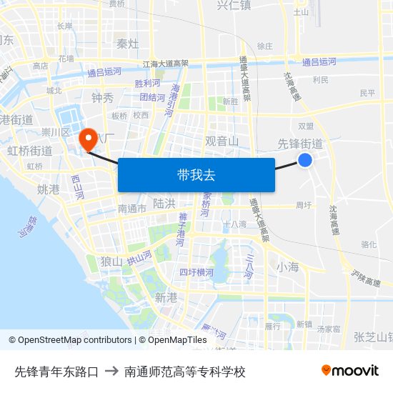 先锋青年东路口 to 南通师范高等专科学校 map