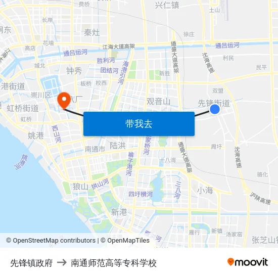 先锋镇政府 to 南通师范高等专科学校 map