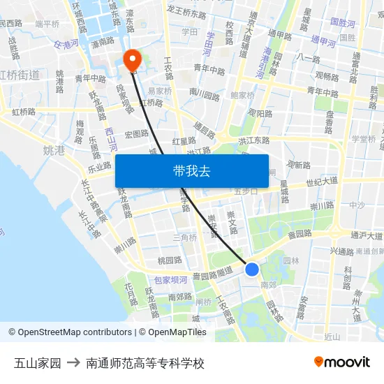五山家园 to 南通师范高等专科学校 map