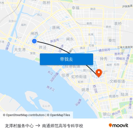 龙潭村服务中心 to 南通师范高等专科学校 map