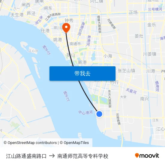 江山路通盛南路口 to 南通师范高等专科学校 map