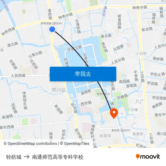 轻纺城 to 南通师范高等专科学校 map