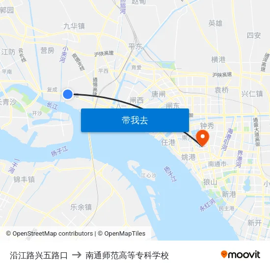 沿江路兴五路口 to 南通师范高等专科学校 map