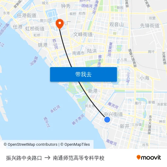 振兴路中央路口 to 南通师范高等专科学校 map