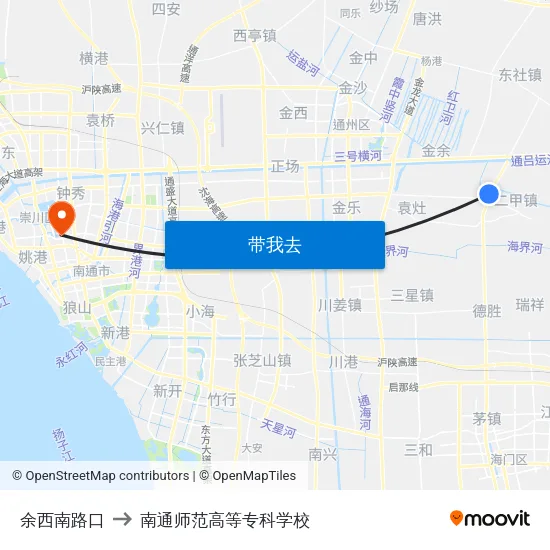 余西南路口 to 南通师范高等专科学校 map
