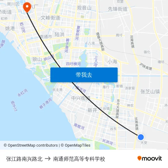 张江路南兴路北 to 南通师范高等专科学校 map