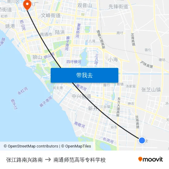 张江路南兴路南 to 南通师范高等专科学校 map