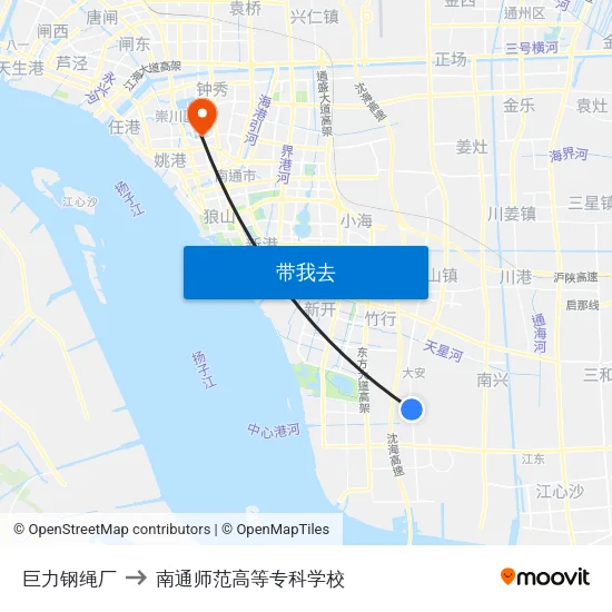 巨力钢绳厂 to 南通师范高等专科学校 map