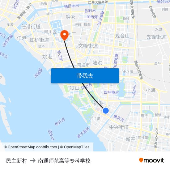 民主新村 to 南通师范高等专科学校 map