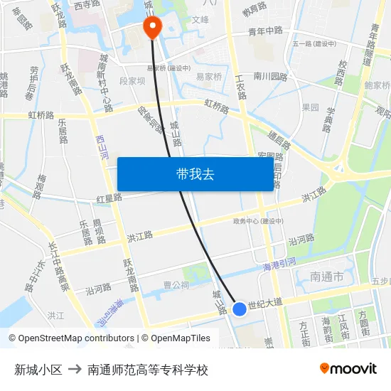 新城小区 to 南通师范高等专科学校 map