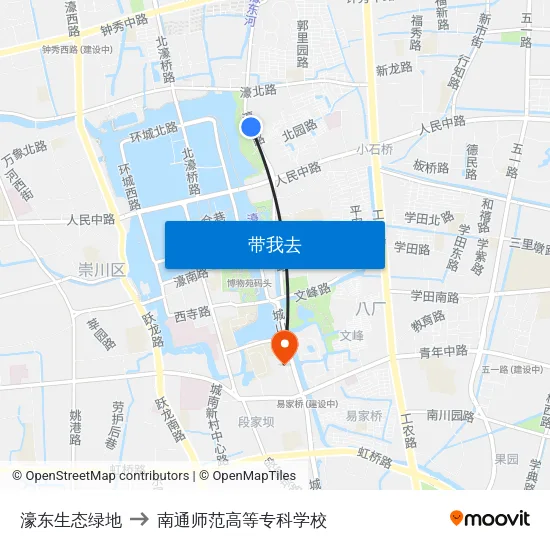 濠东生态绿地 to 南通师范高等专科学校 map