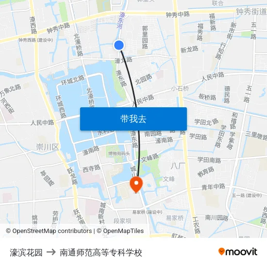 濠滨花园 to 南通师范高等专科学校 map