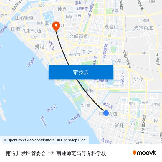 南通开发区管委会 to 南通师范高等专科学校 map