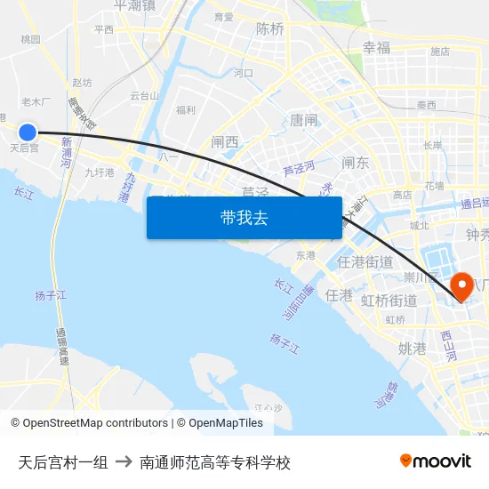 天后宫村一组 to 南通师范高等专科学校 map