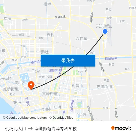 机场北大门 to 南通师范高等专科学校 map