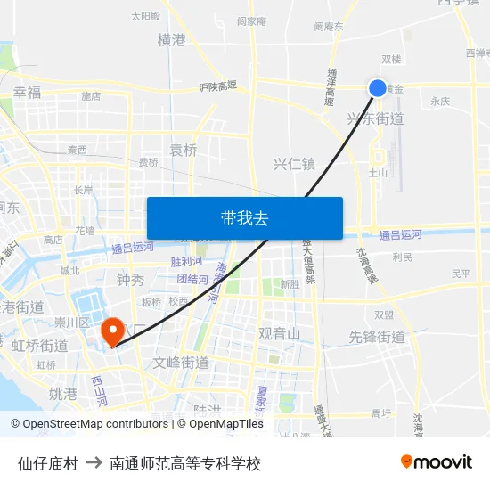 仙仔庙村 to 南通师范高等专科学校 map