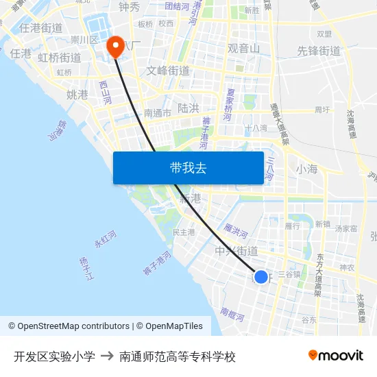 开发区实验小学 to 南通师范高等专科学校 map