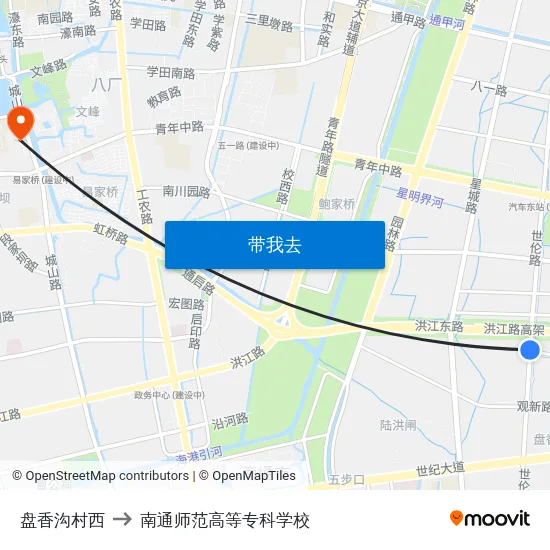 盘香沟村西 to 南通师范高等专科学校 map