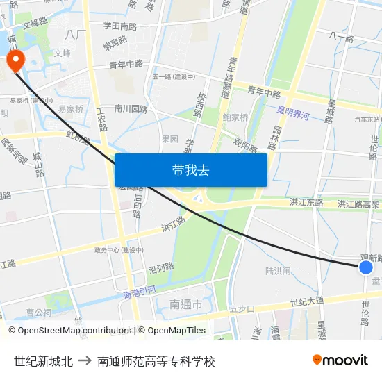 世纪新城北 to 南通师范高等专科学校 map