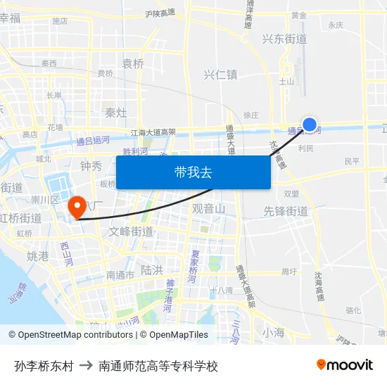 孙李桥东村 to 南通师范高等专科学校 map