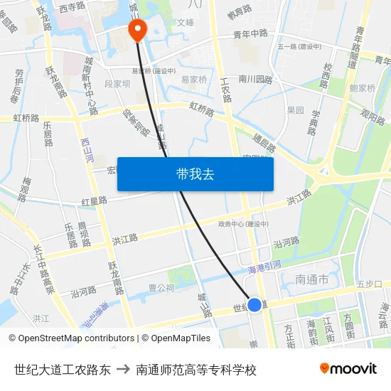 世纪大道工农路东 to 南通师范高等专科学校 map
