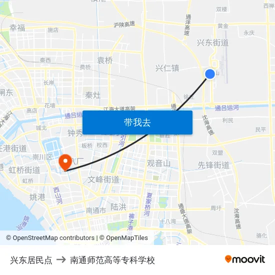 兴东居民点 to 南通师范高等专科学校 map