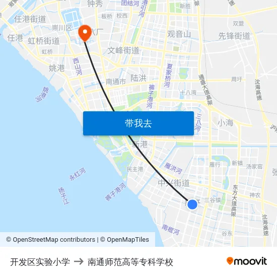 开发区实验小学 to 南通师范高等专科学校 map