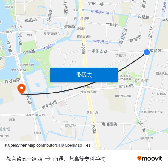 教育路五一路西 to 南通师范高等专科学校 map