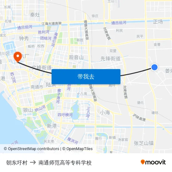 朝东圩村 to 南通师范高等专科学校 map