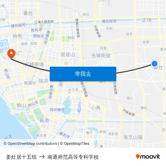 姜灶居十五组 to 南通师范高等专科学校 map