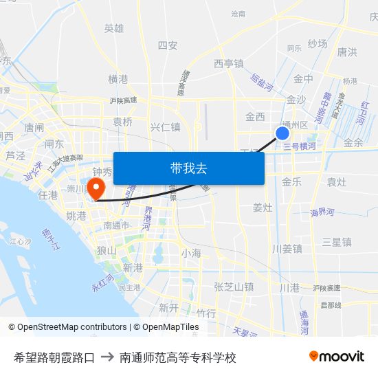 希望路朝霞路口 to 南通师范高等专科学校 map