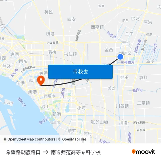 希望路朝霞路口 to 南通师范高等专科学校 map