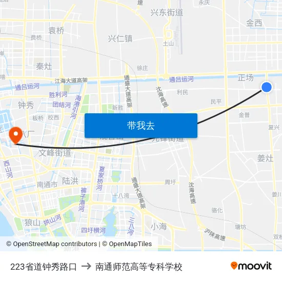 223省道钟秀路口 to 南通师范高等专科学校 map