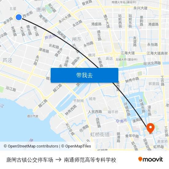 唐闸古镇公交停车场 to 南通师范高等专科学校 map