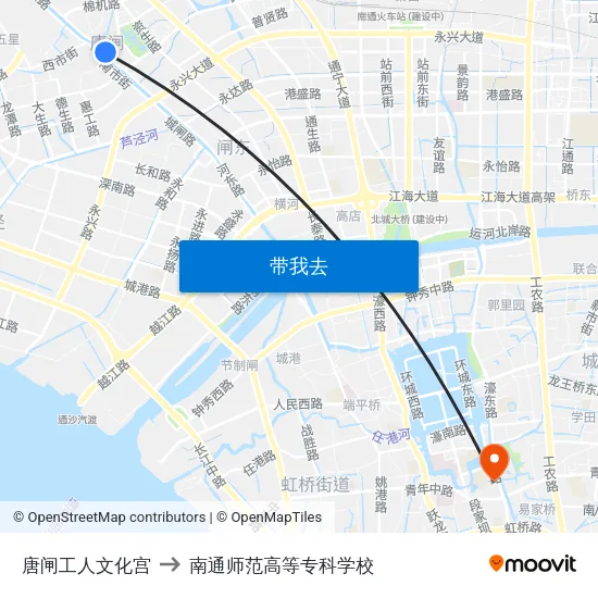 唐闸工人文化宫 to 南通师范高等专科学校 map