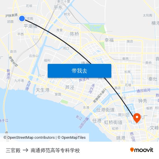 三官殿 to 南通师范高等专科学校 map