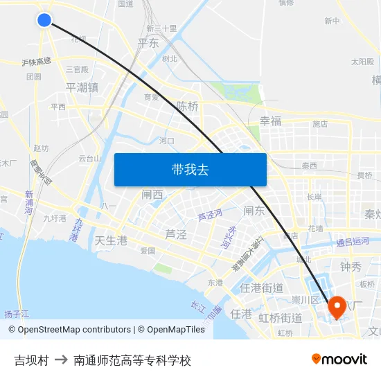 吉坝村 to 南通师范高等专科学校 map