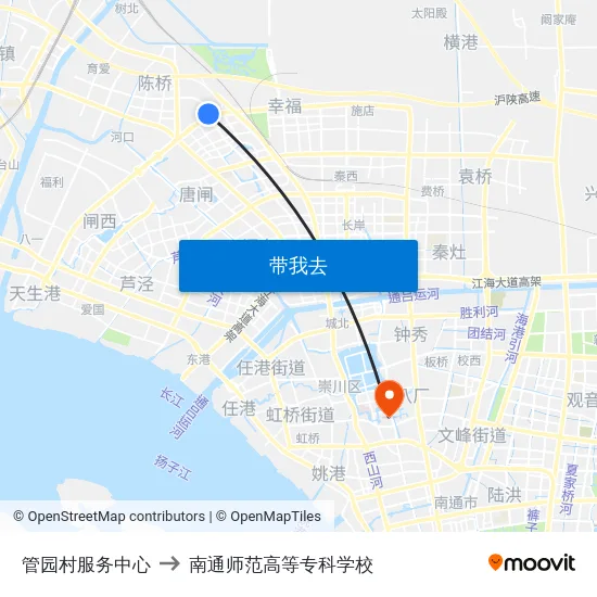管园村服务中心 to 南通师范高等专科学校 map