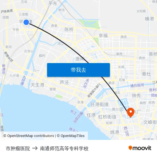 市肿瘤医院 to 南通师范高等专科学校 map