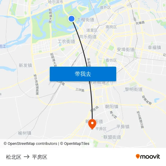 松北区 to 平房区 map