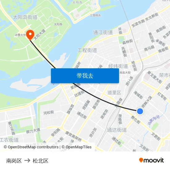 南岗区 to 松北区 map